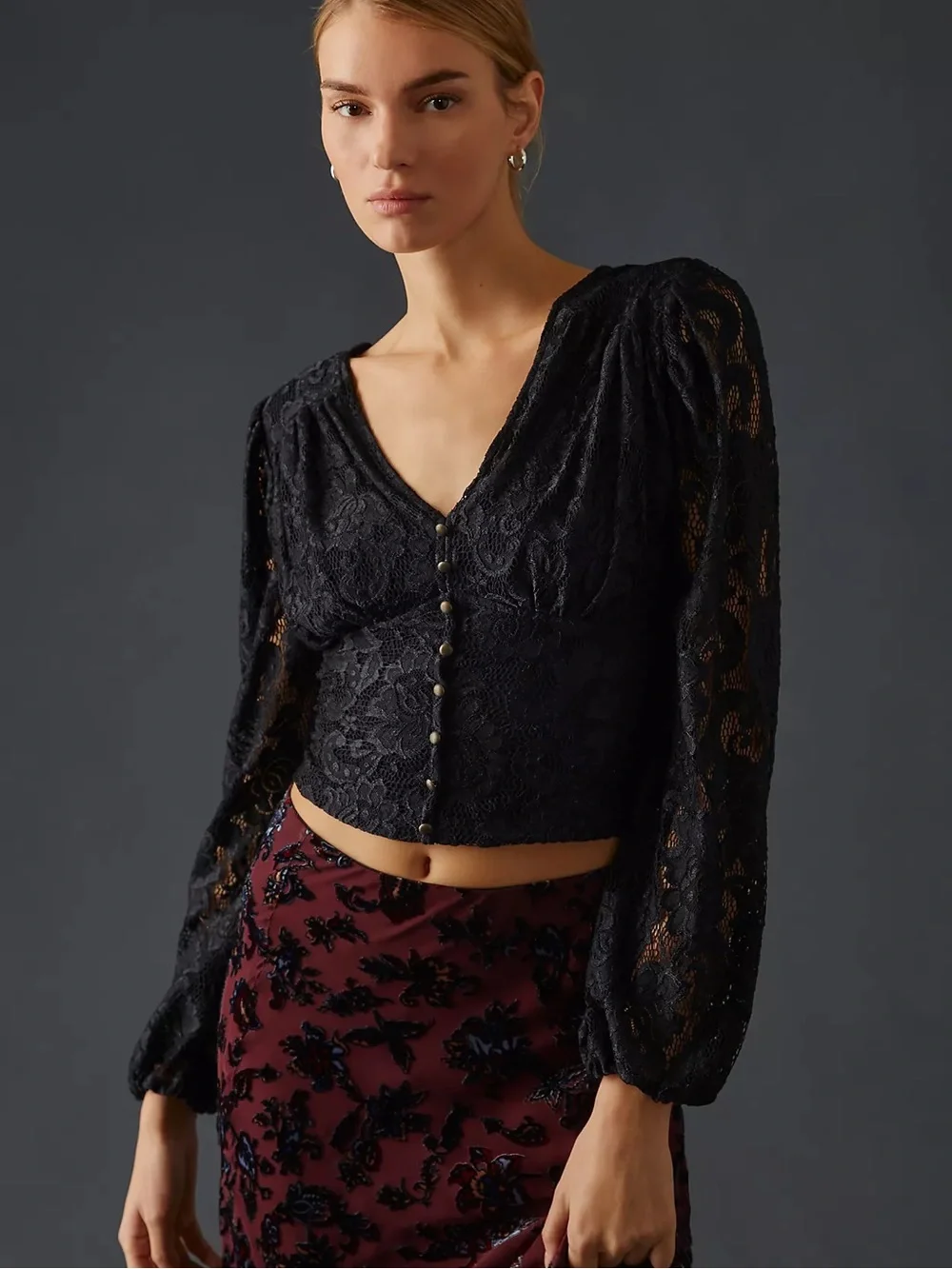 By Anthropologie Balloon-Sleeve Black Lace Tie Waist Blouse Size XS